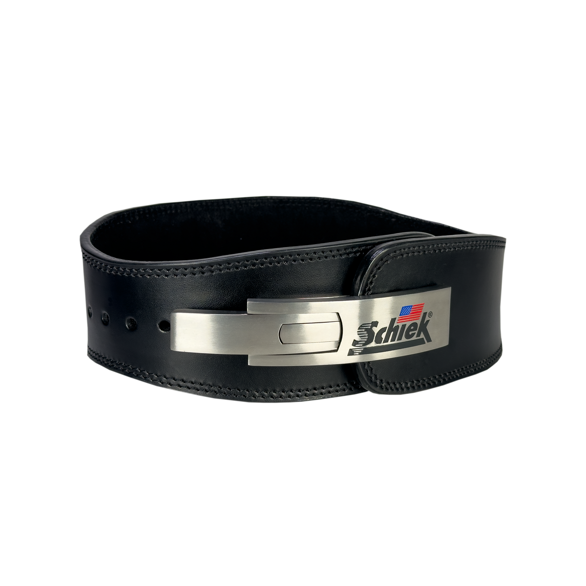 Black leather belt with a metallic buckle on a white background
