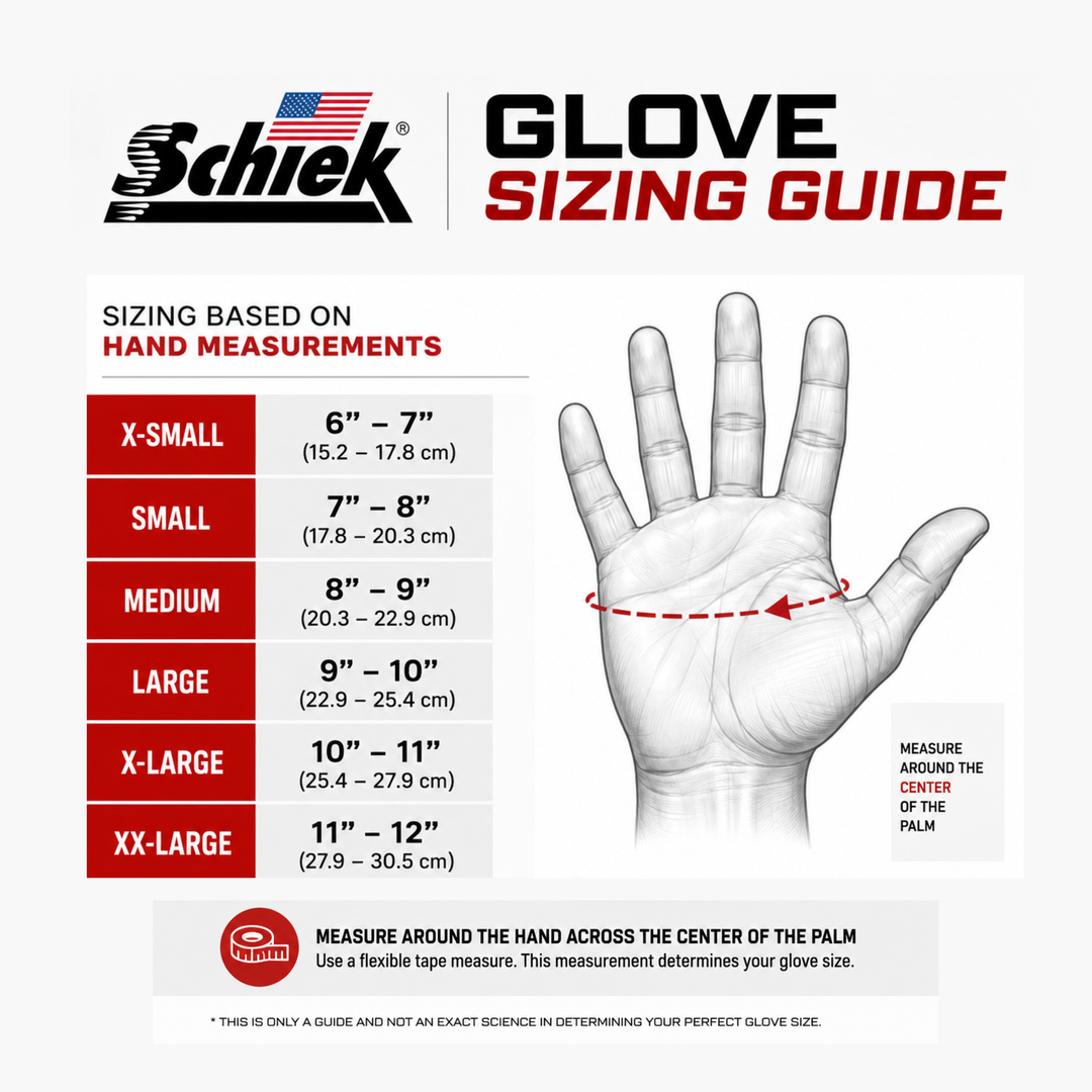 Schiek Glove Sizing Guide infographic showing size tables based on hand measurements, a hand diagram with a red dashed measurement line, and the Schiek logo at the top.